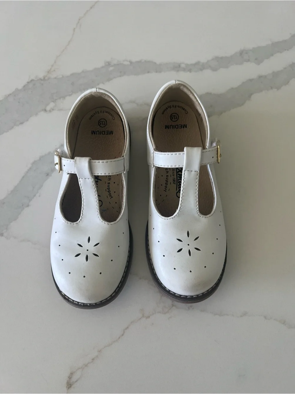 FootMates White T-Strap Girls Dress Shoes with Perforated Floral Cutouts